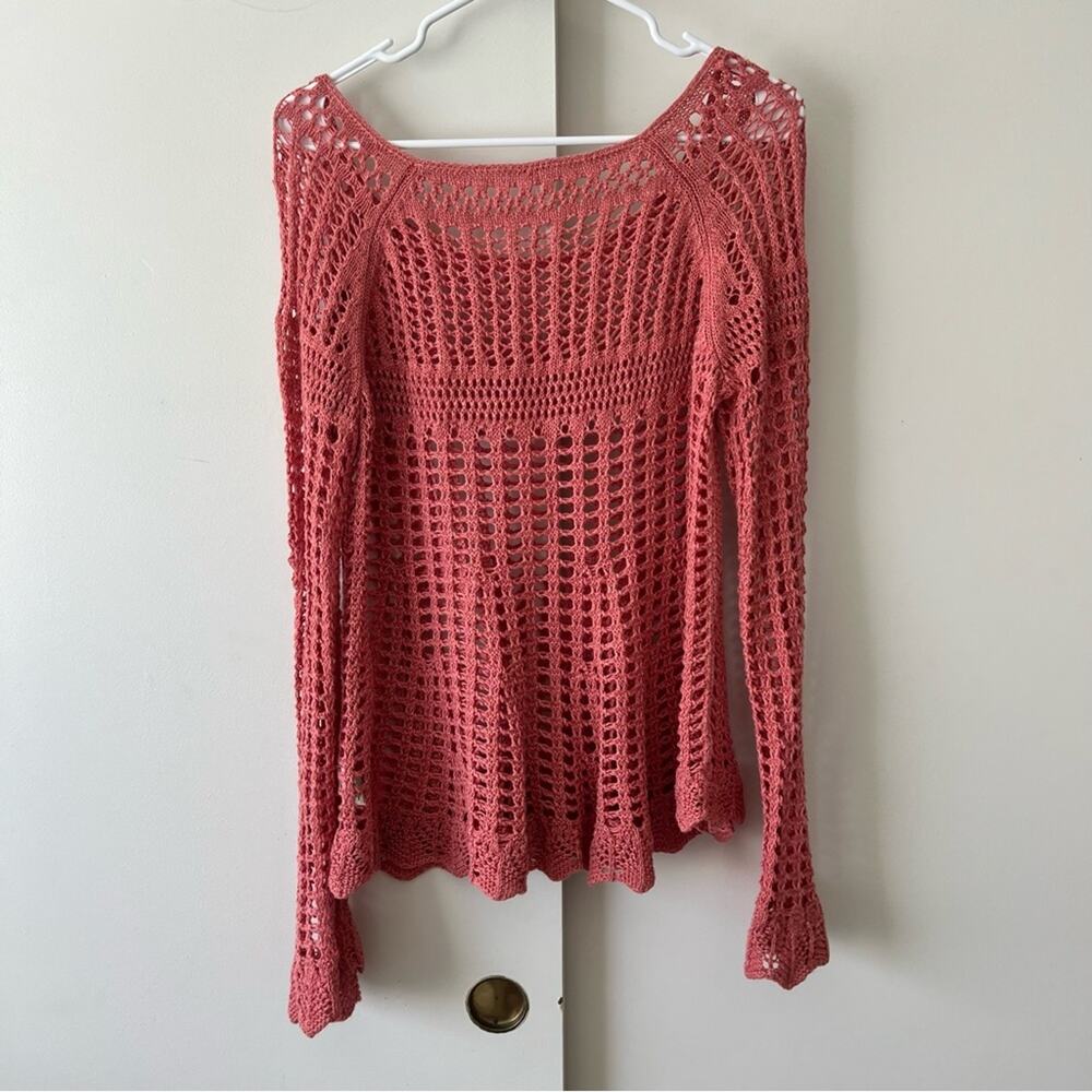 Free People Annabelle Crochet Pullover Fisherman Boho Sweater Coral Pink Medium - Picture 6 of 10